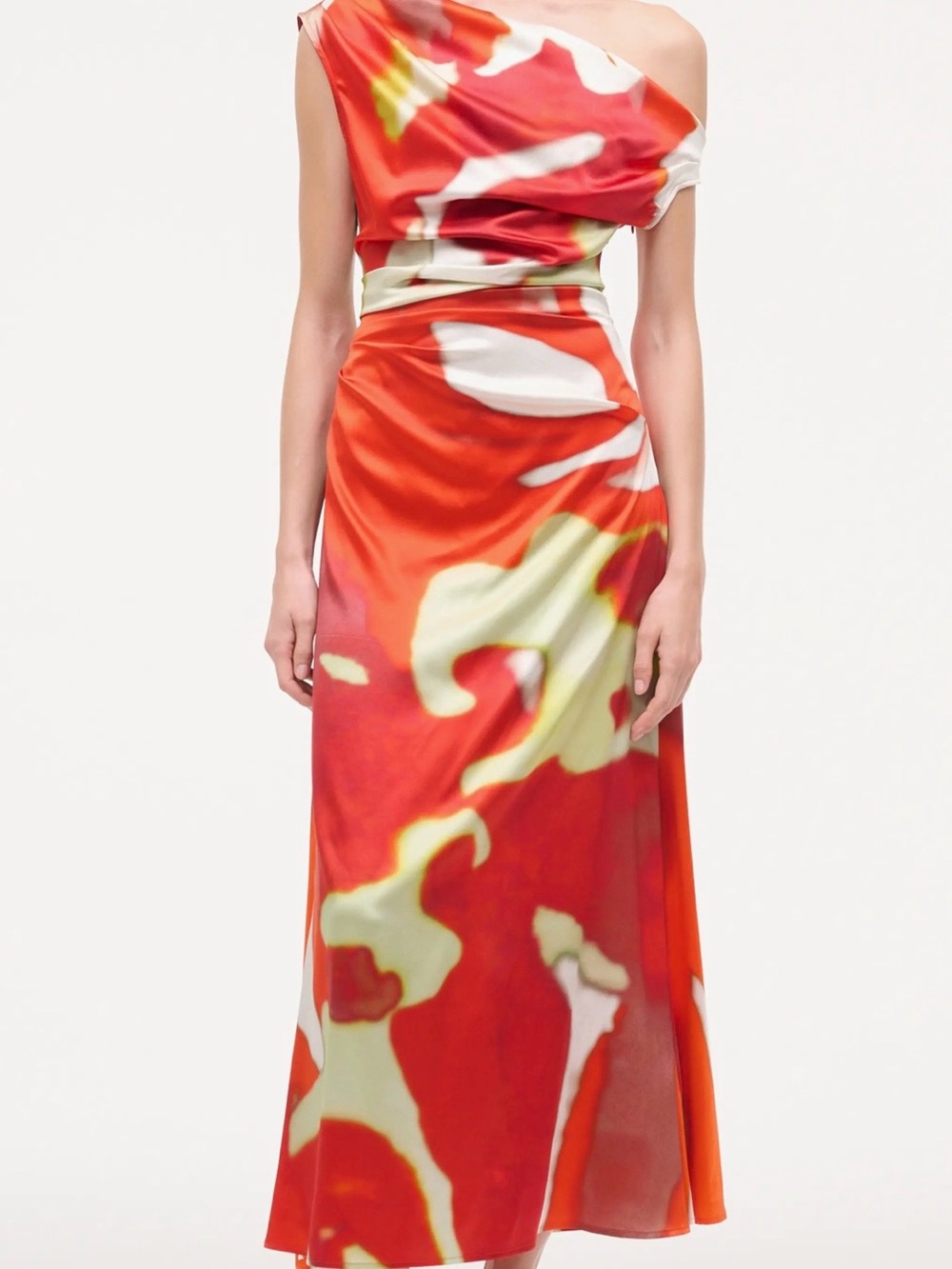 STAUD One-Shoulder Maxi Dress in Red, White, and Lime